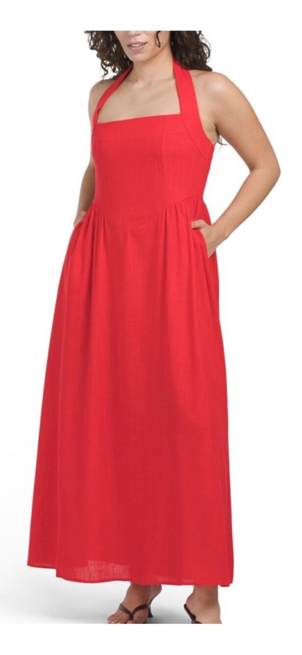 White Closet Red Halter Maxi Dress Linen Blend Women's Large Pockets